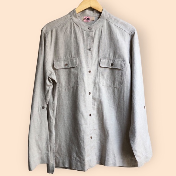 Kate Hill Casual Beige Linen Long Sleeve Tunic Top Button Front Roll Tab Large - Picture 1 of 11